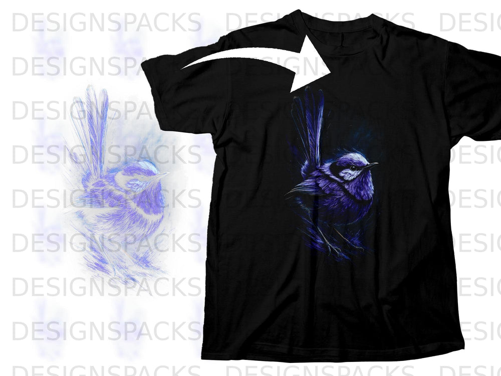 Black t-shirt with a detailed dark blue and purple bird illustration.