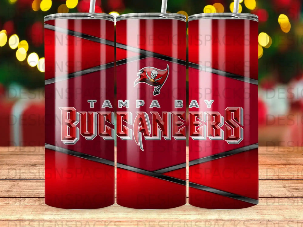 Tampa Bay Buccaneers logo and team name on a tumbler.