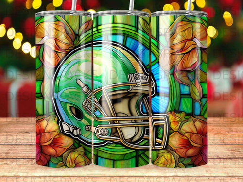 Green football helmet with stained glass and floral background.