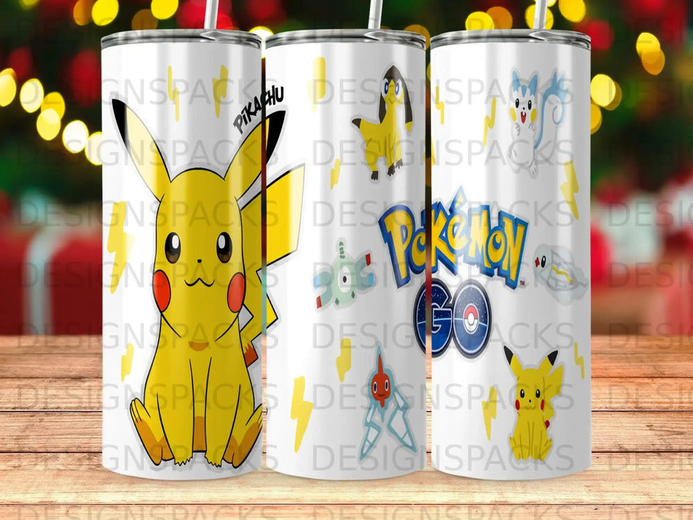 Pikachu and Pokemon Go logos on a white tumbler with subtle bokeh lights.