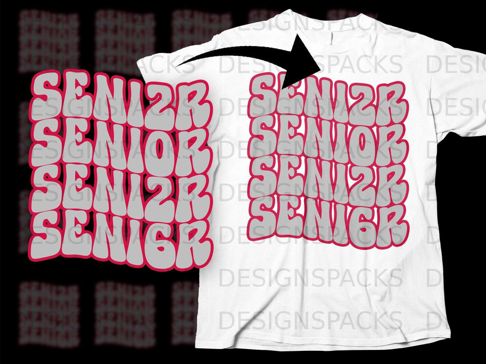 White t-shirt with bold grey and pink "SENIOR" text graphic.