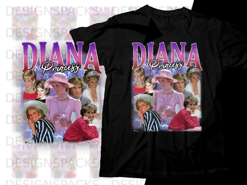 Diana Princess T-shirt design with portrait and lightning background.