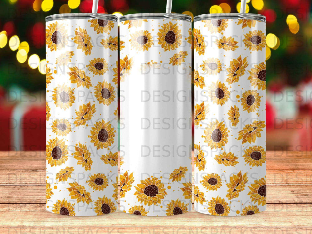 Three tumblers with a repeating pattern of yellow sunflowers on a white background.