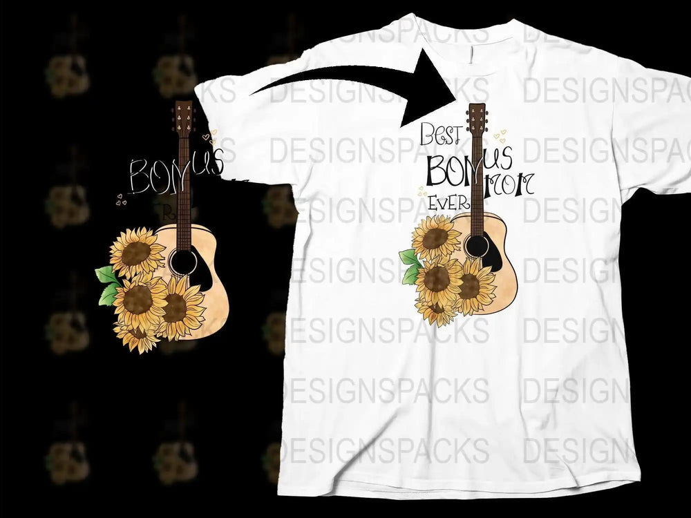 Sunflower and Guitar Graphic T-Shirt, Best Bonus Mom Ever, Mother's Day Gift, Floral Tee Design, Women's Fashion, Summer Top