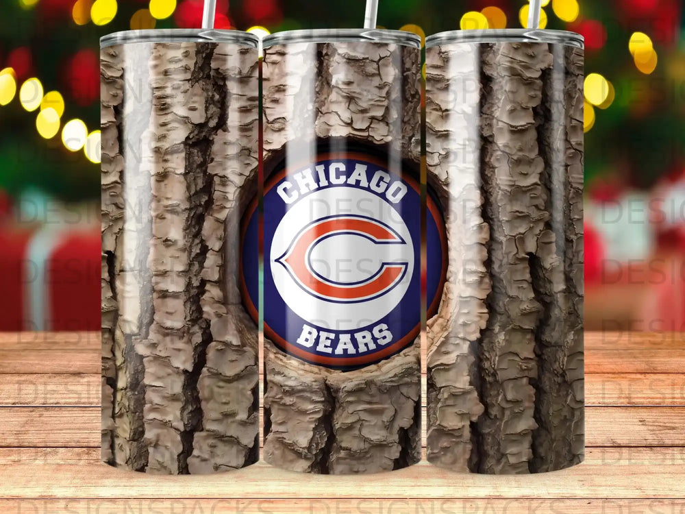 Chicago Bears logo on a wood-grain tumbler with straws.