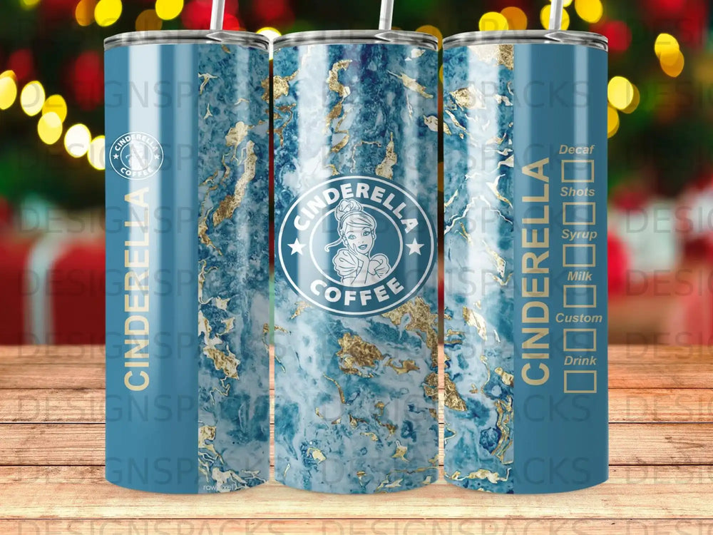Cinderella Coffee tumbler with blue marble and gold foil design.