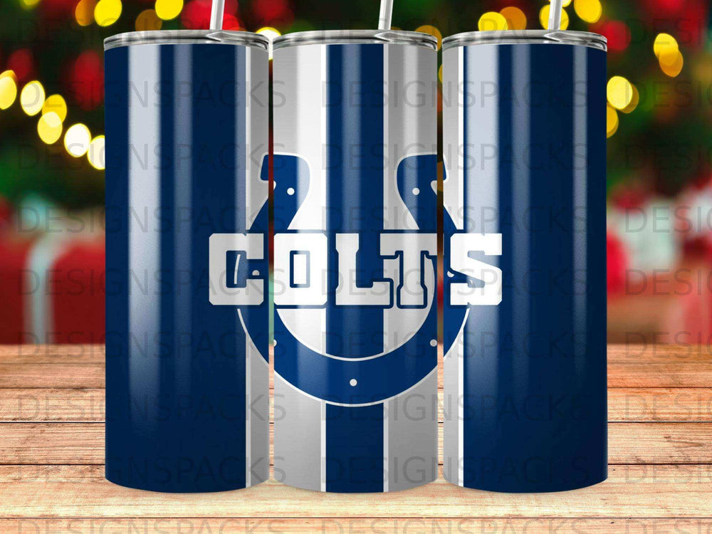 Indianapolis Colts logo on three stacked blue and white striped tumblers.