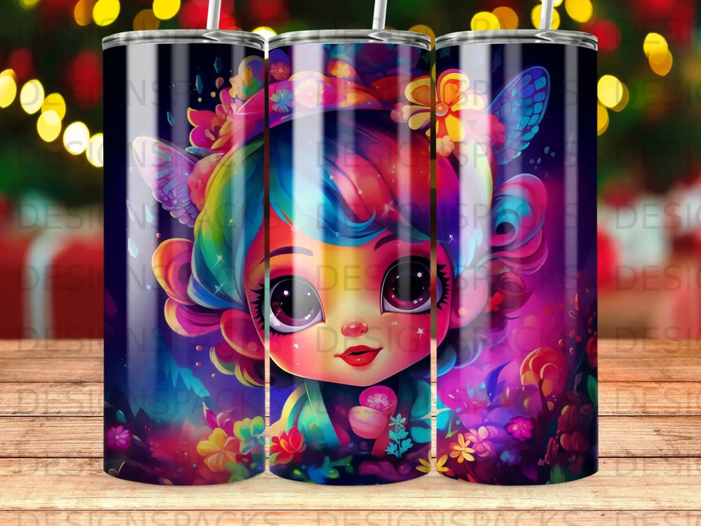 Colorful cartoon girl with butterfly wings holding a flower.