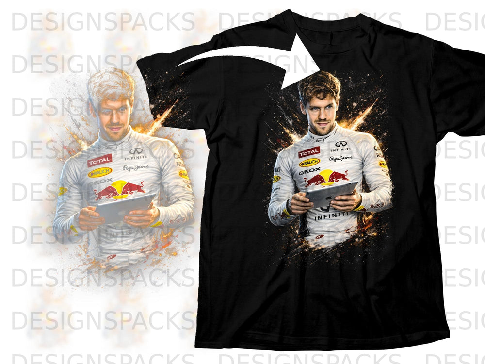 Sebastian Vettel in racing suit holding a tablet, graphic on black t-shirt.