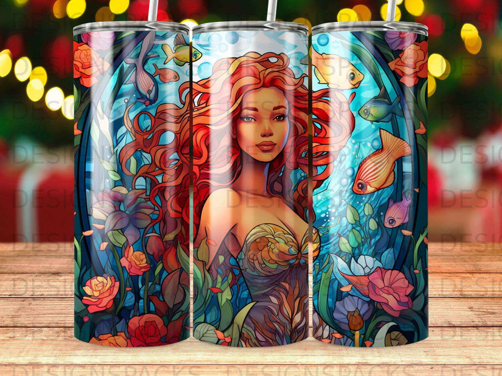 Mermaid with flowing red hair surrounded by colorful fish and underwater plants.