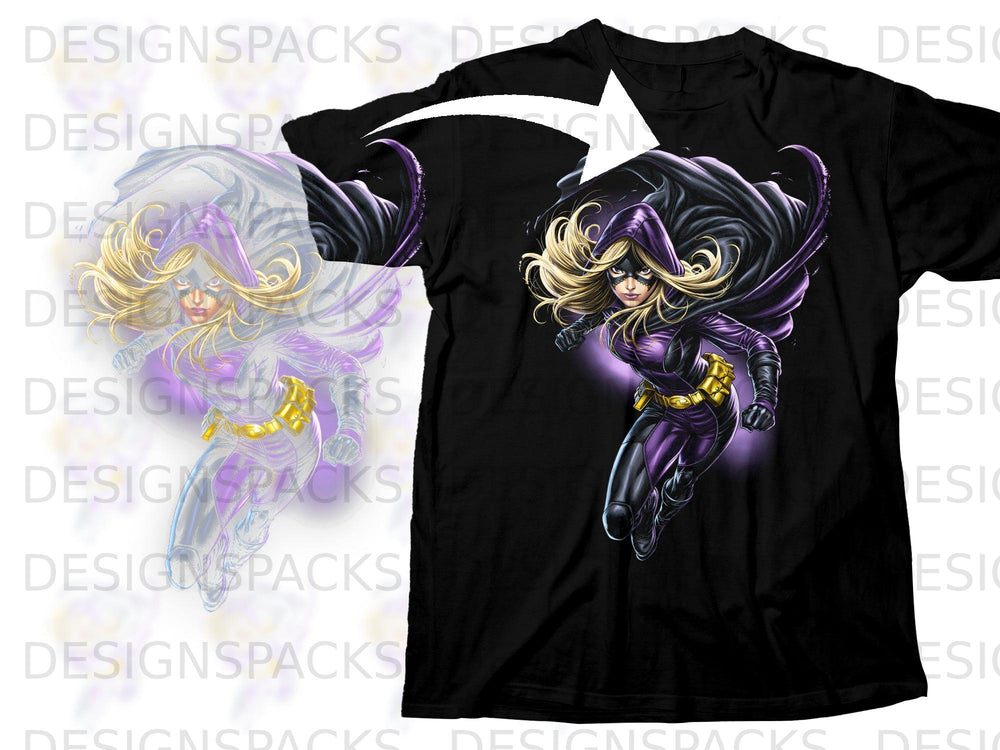 Black t-shirt with a graphic of Batgirl in a purple costume and black cape.