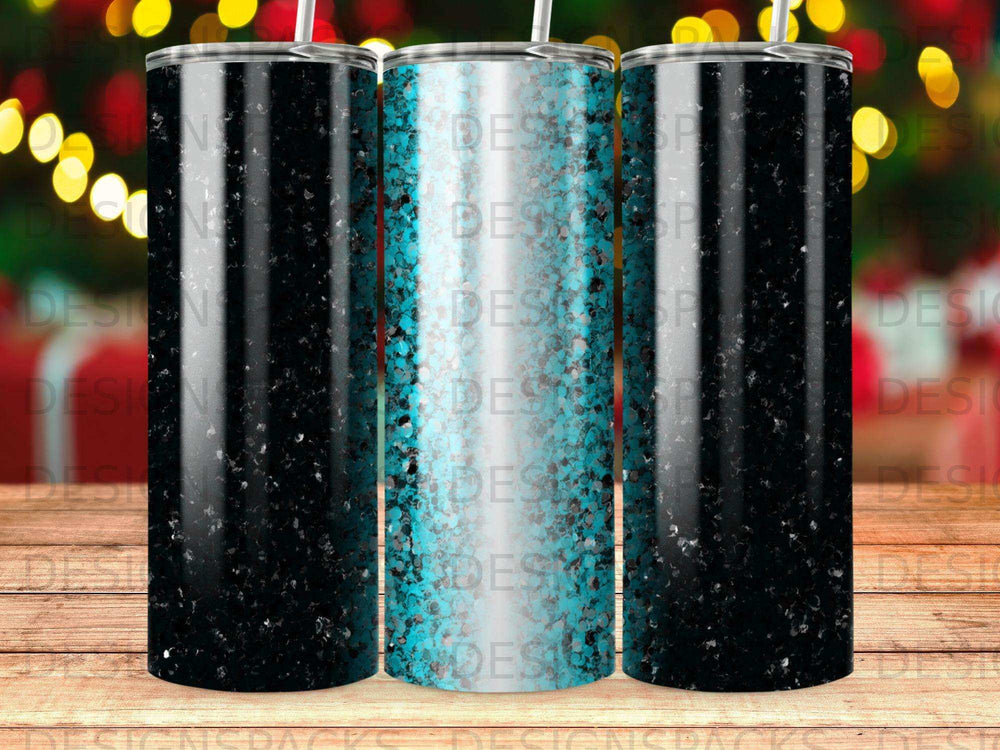 Three tumblers with ombre black to teal glitter designs.