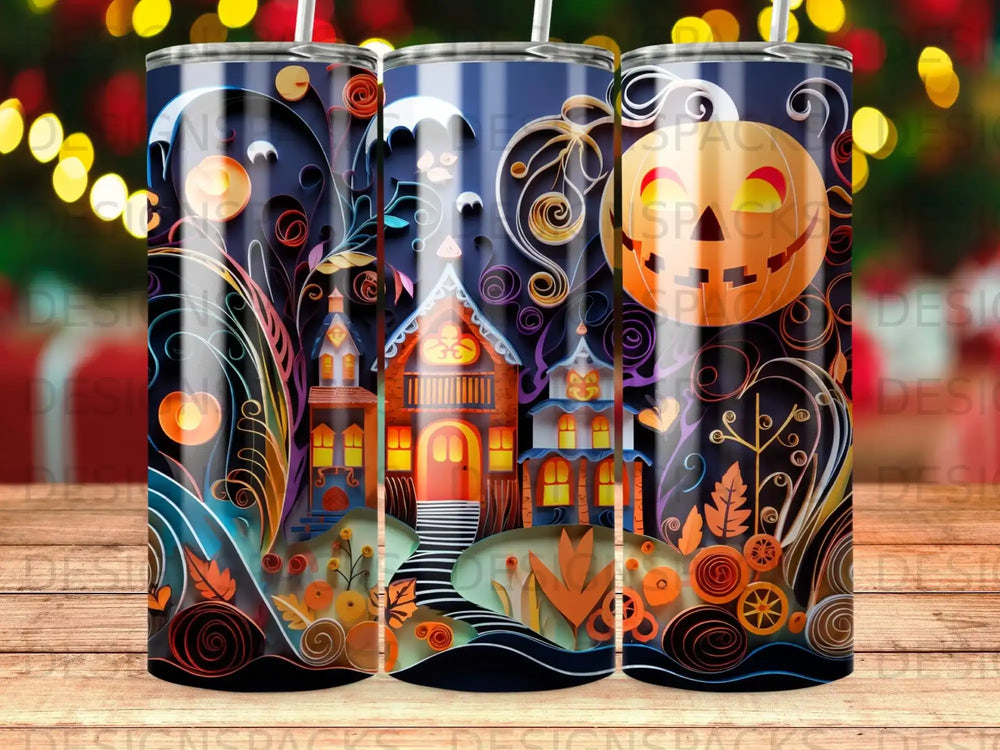 Halloween-themed tumbler with haunted houses, pumpkins, and swirling designs.