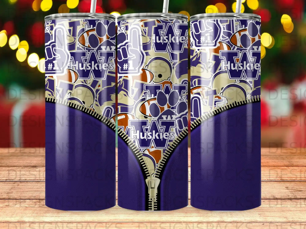 Tumbler with purple zipper design and repeating "Huskies #1" text and logo.