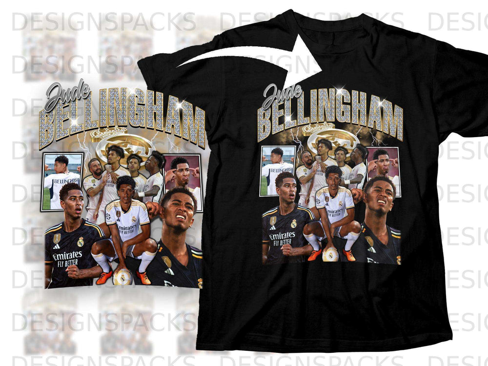 Black t-shirt with Jude Bellingham graphic, featuring collage of player photos.