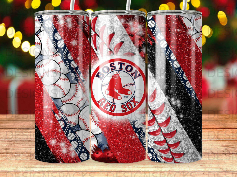 Tumbler featuring Boston Red Sox logo and baseballs with red, white, and blue glitter.