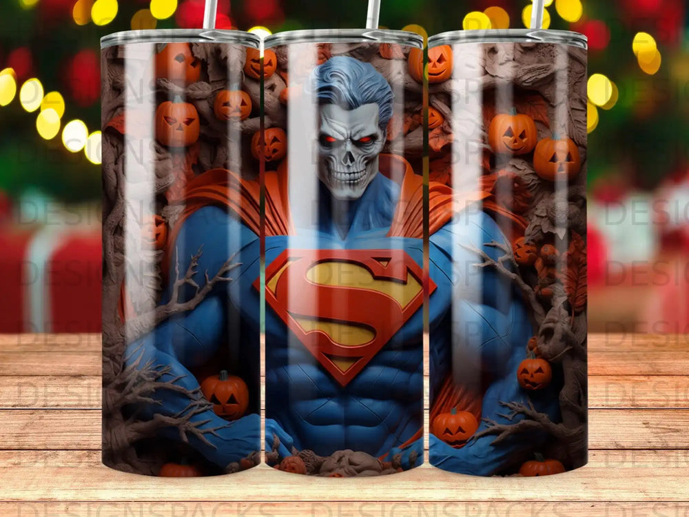 Superman with glowing red eyes surrounded by pumpkins and bare trees.
