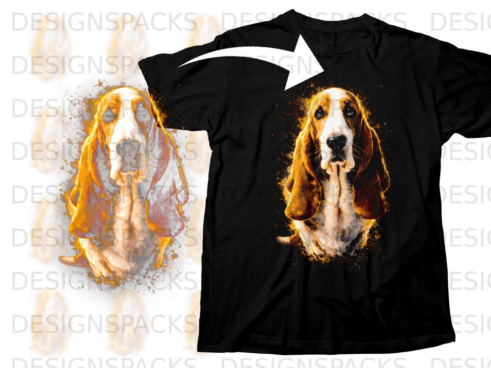 Black t-shirt with a watercolor-style Basset Hound graphic.