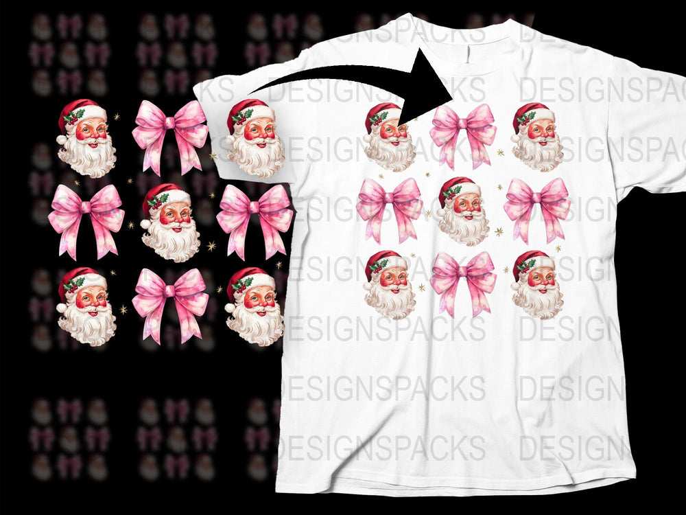 Festive Santa Claus and Pink Bow Pattern T-Shirt, Christmas Holiday Graphic Tee, Unisex Gift Idea