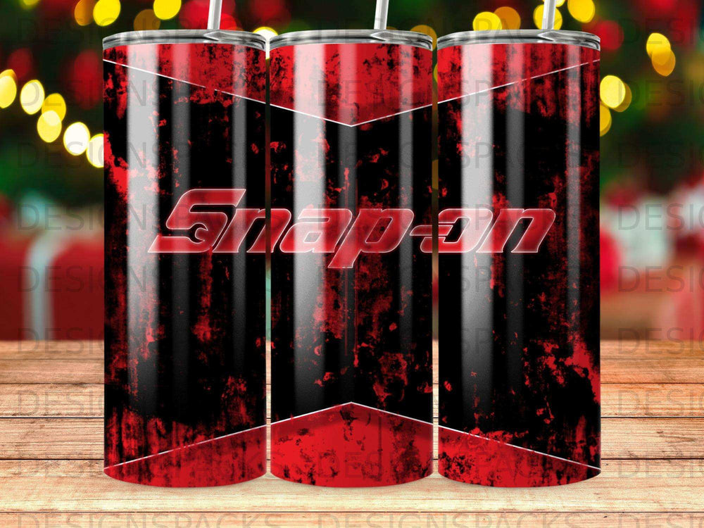 Snap-on logo on a black and red distressed tumbler.