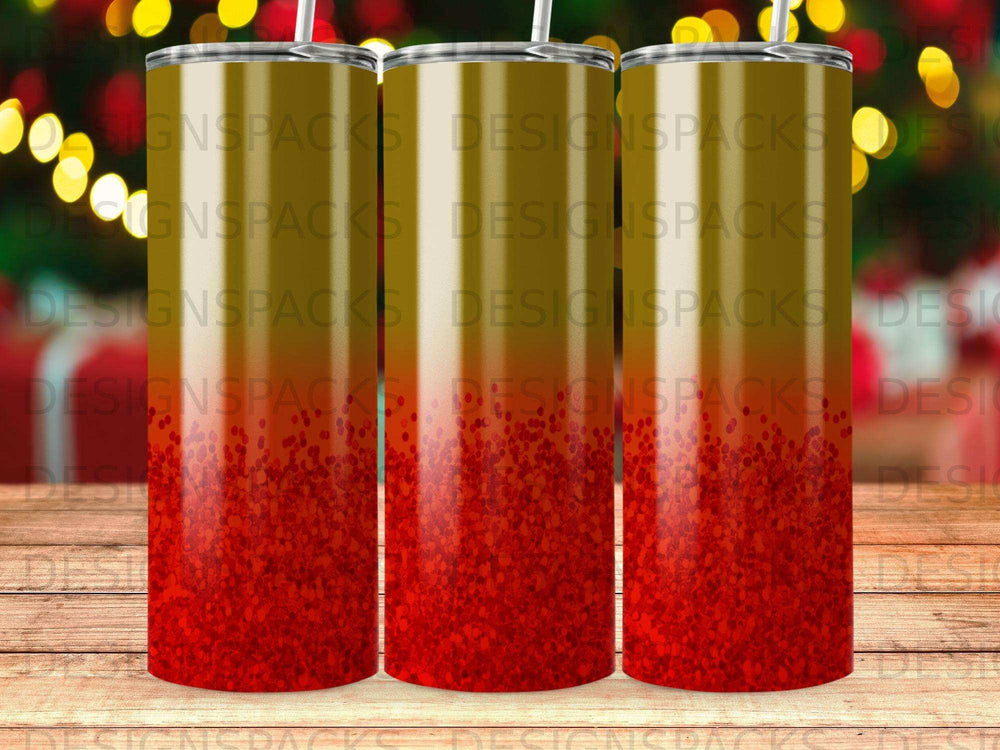 Three tumblers with red glitter gradient and gold lids.