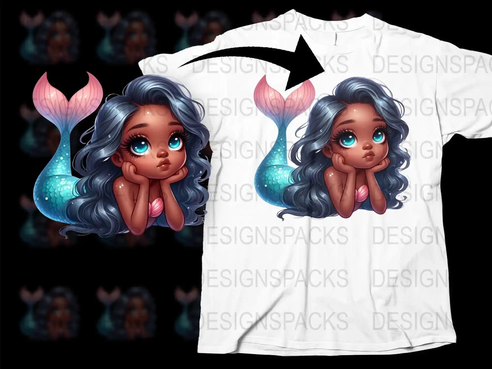 Fantasy Mermaid Girl T-Shirt, Whimsical Blue Hair Ocean Theme, Cute Cartoon Graphic Tee for Kids and Adults