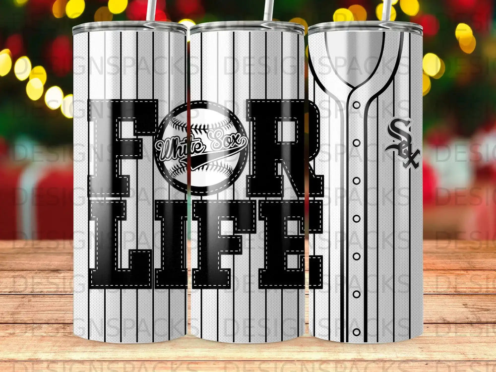 Chicago White Sox baseball "FOR LIFE" text on a pinstripe tumbler.