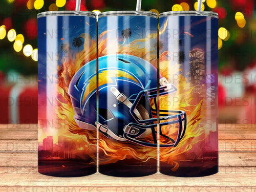Los Angeles Chargers helmet engulfed in flames against a city skyline.