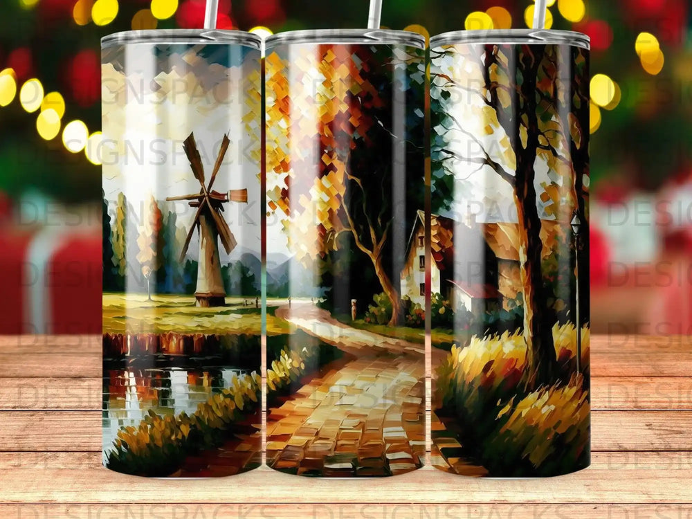 Impressionist painting of a windmill by a canal with trees and a house.