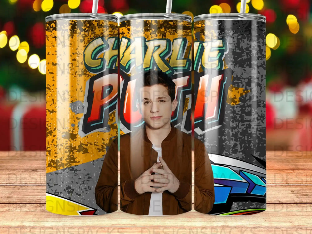 Charlie Puth tumbler with colorful abstract background.