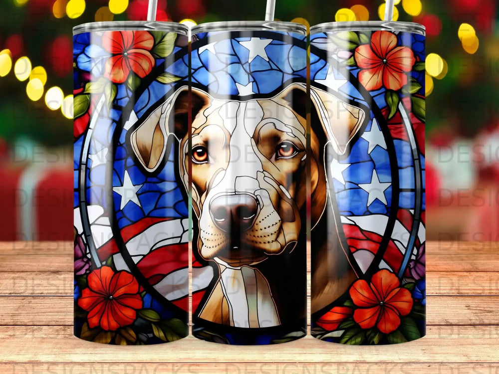 Pit bull portrait with stained-glass American flag and floral accents.