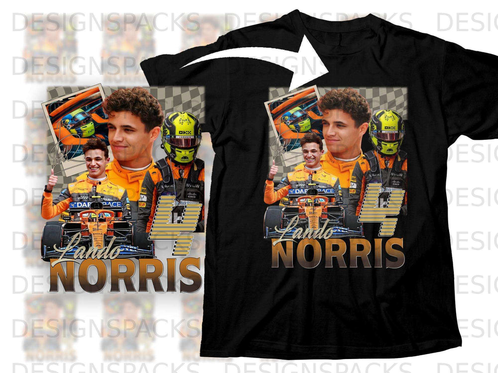 Lando Norris racing graphic on a black t-shirt.