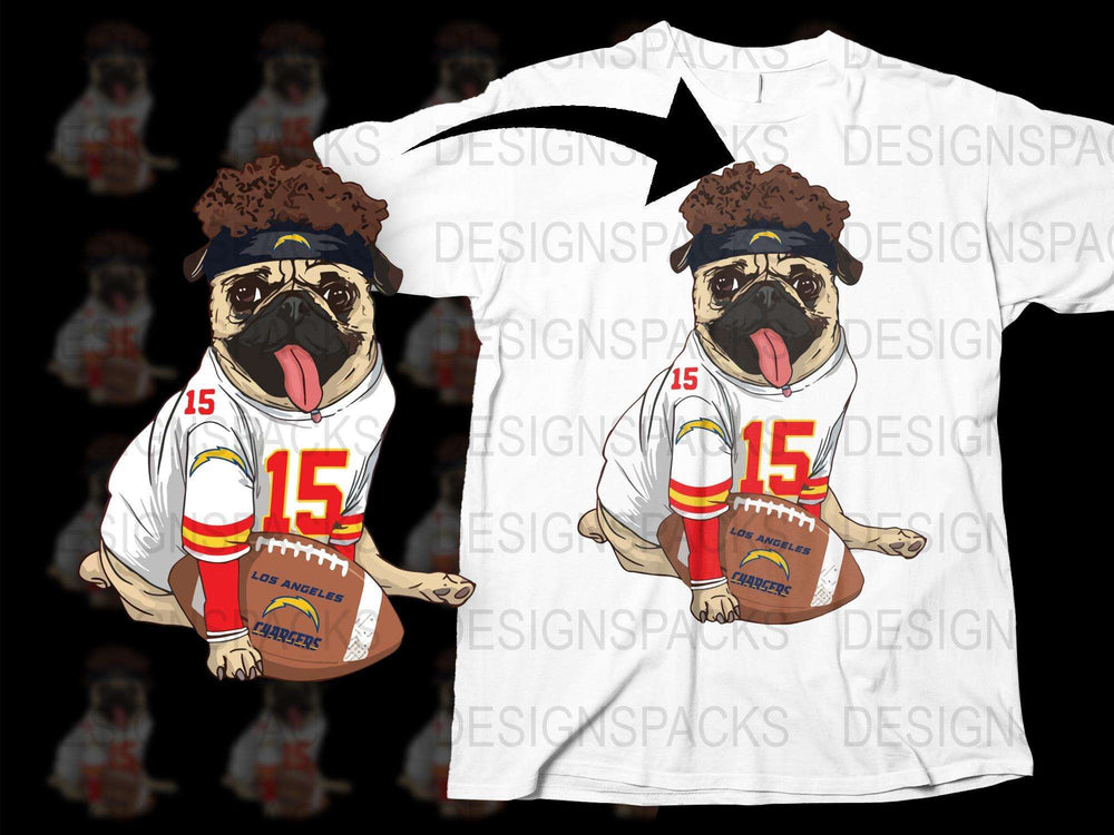Dog Football Player Graphic T-Shirt, Cute Pug in Uniform, Los Angeles Team-Themed Casual Tee