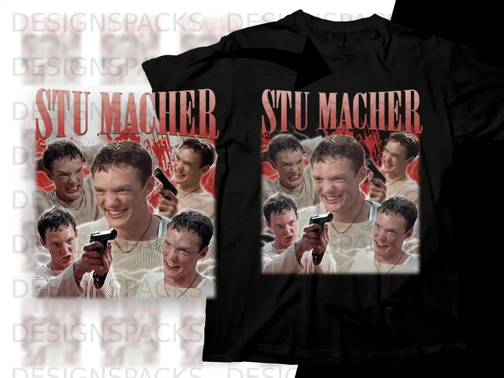 Two t-shirts featuring a man's face, holding a gun, with text "STU MACHER".