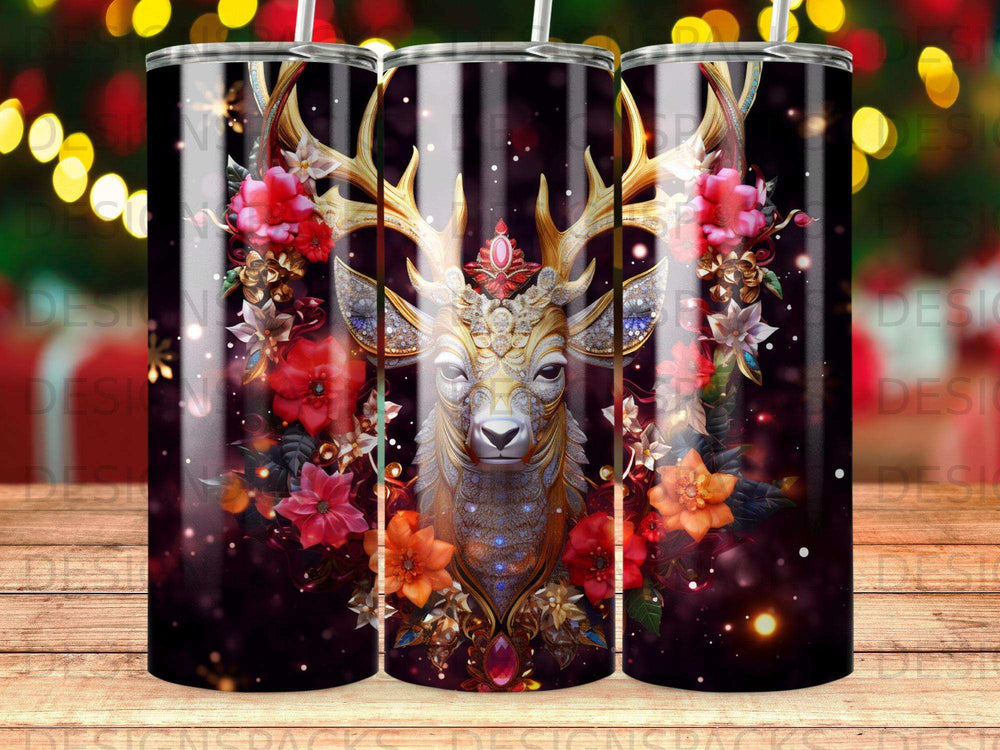 Glittering golden deer head adorned with jewels and flowers on a dark, bokeh background.