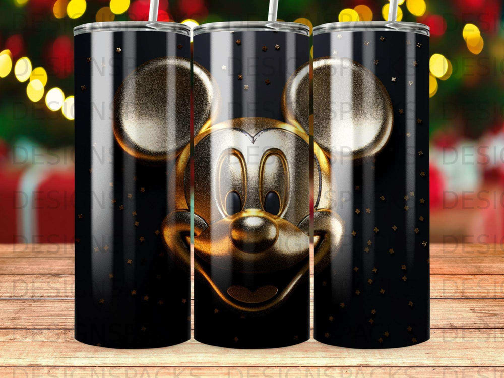 Gold Mickey Mouse head on black tumbler with scattered gold stars.