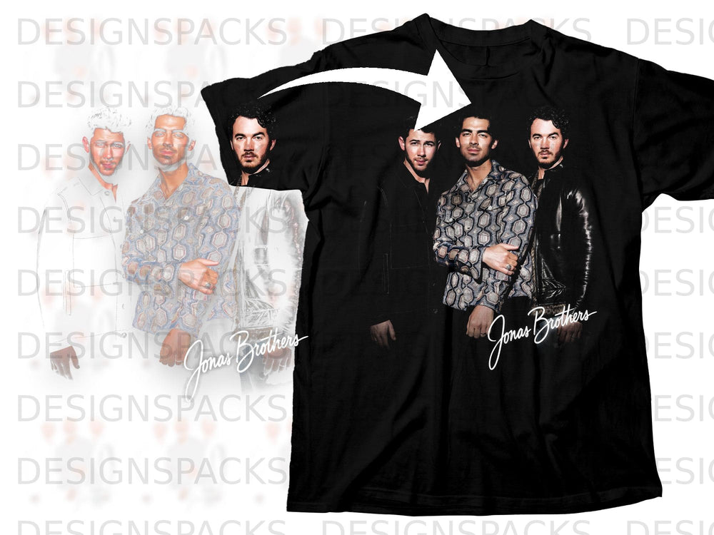 Black t-shirt with a graphic of the Jonas Brothers and their name in script.