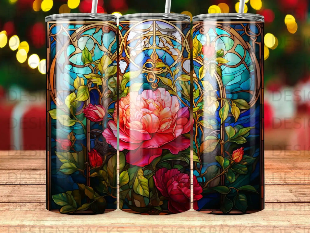 Stained glass tumbler with blooming pink roses and decorative golden accents.