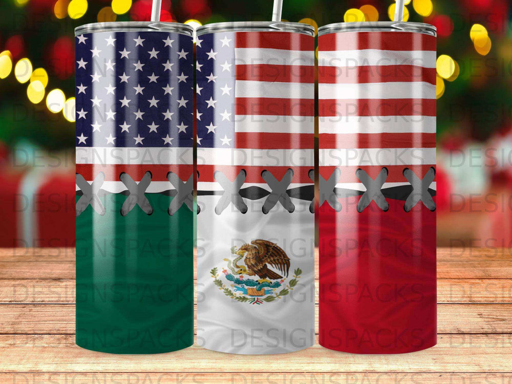 Two tumblers with American and Mexican flag designs stitched together.