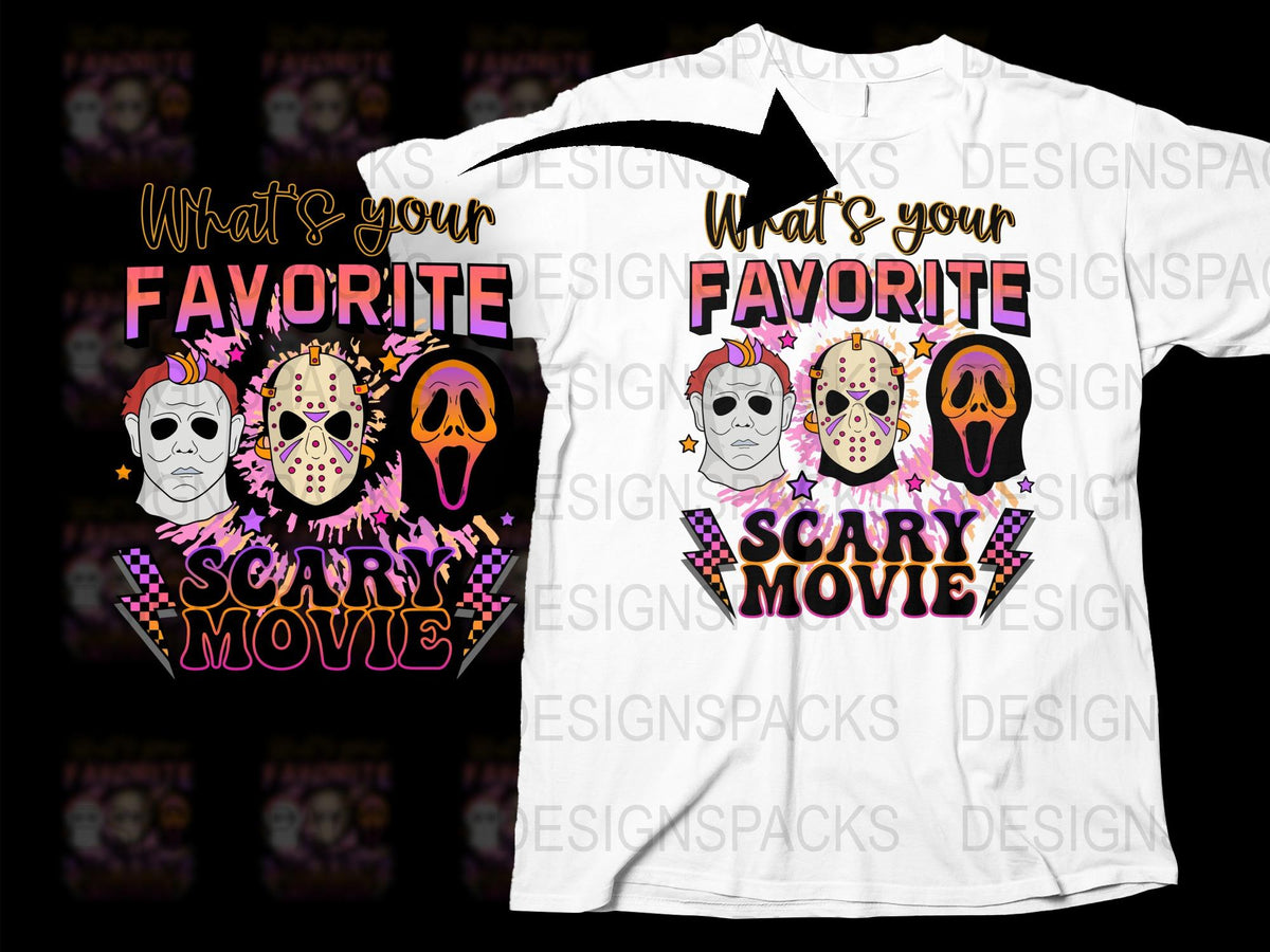 Favorite Scary Movie Halloween T-Shirt, Horror Film Masks Graphic Tee, Unisex Black and White Shirt