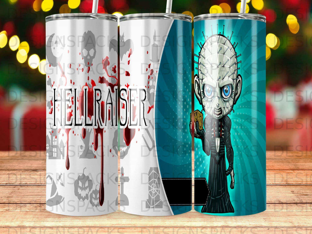 Hellraiser Pinhead tumbler with red blood splatters and teal background.
