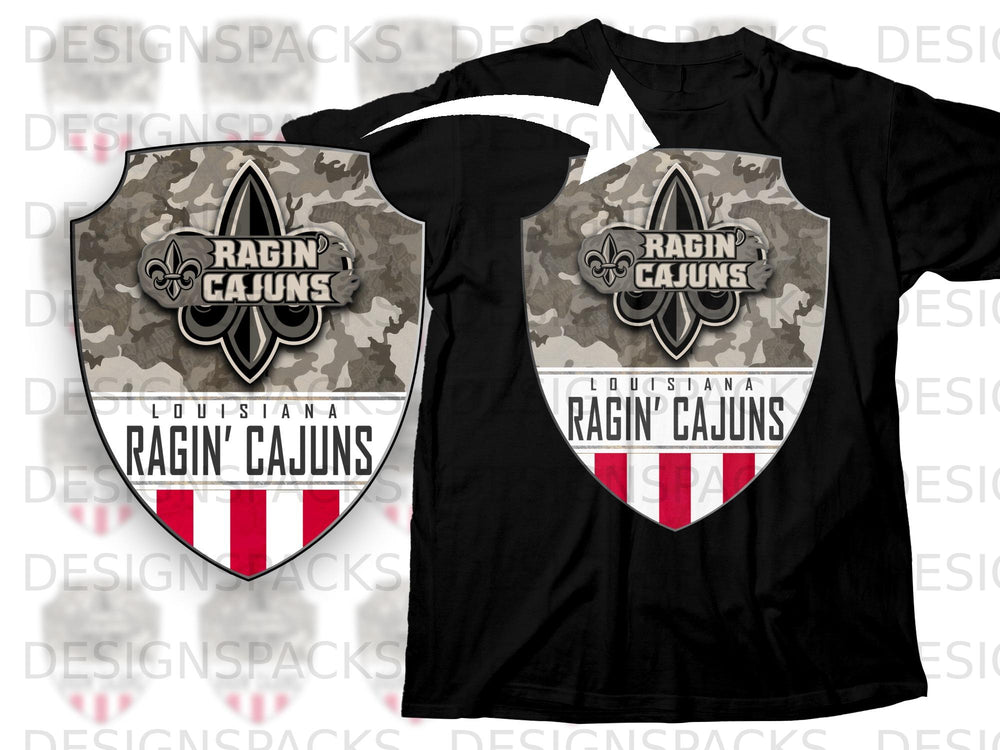 Black t-shirt with "Ragin' Cajuns" shield logo featuring camouflage and red stripes.