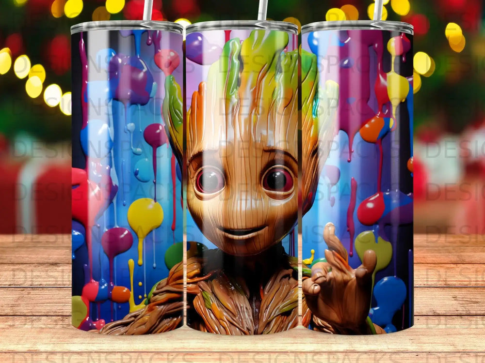 Groot with colorful drips and hearts on a tumbler.