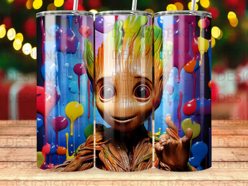 Groot with colorful drips and hearts on a tumbler.