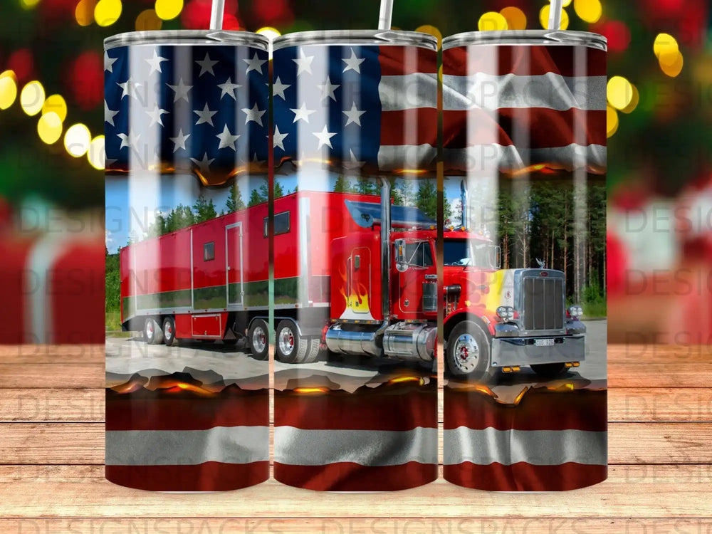 Red semi-truck with American flag design on a tumbler.