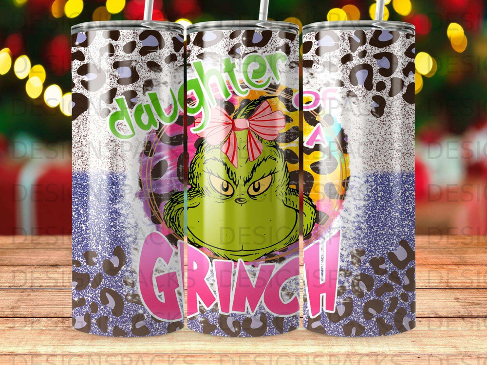 The Grinch with "Daughter" text and leopard print on a tumbler.