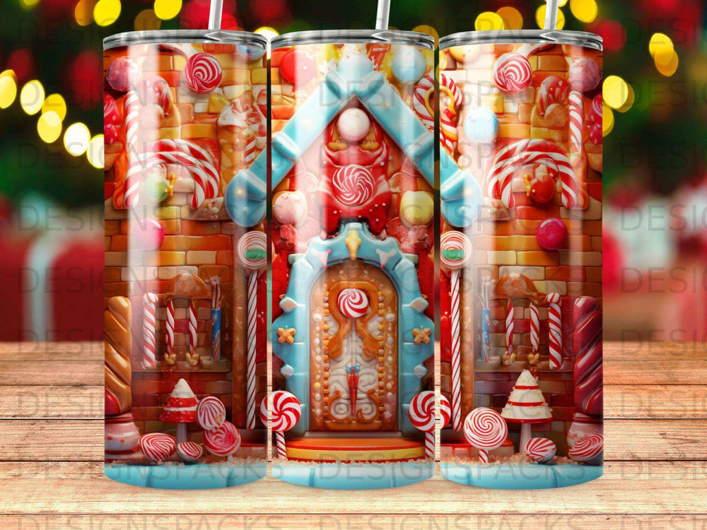 Gingerbread house with candy decorations and lollipops.