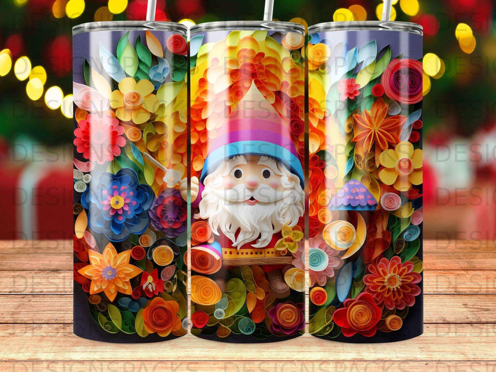Tattooed gnome with colorful paper flowers and foliage pattern on tumbler.