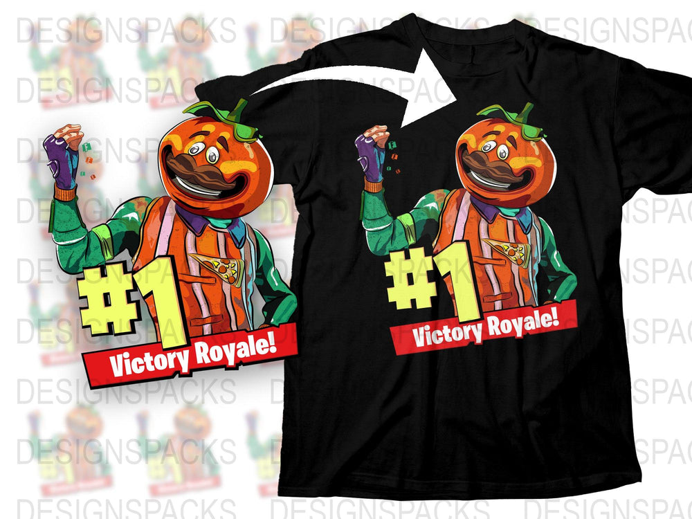Victory Royale Pumpkin Head Gamer T-Shirt, Orange Cartoon Character, Youth and Adult Sizes, Fun Gaming Apparel
