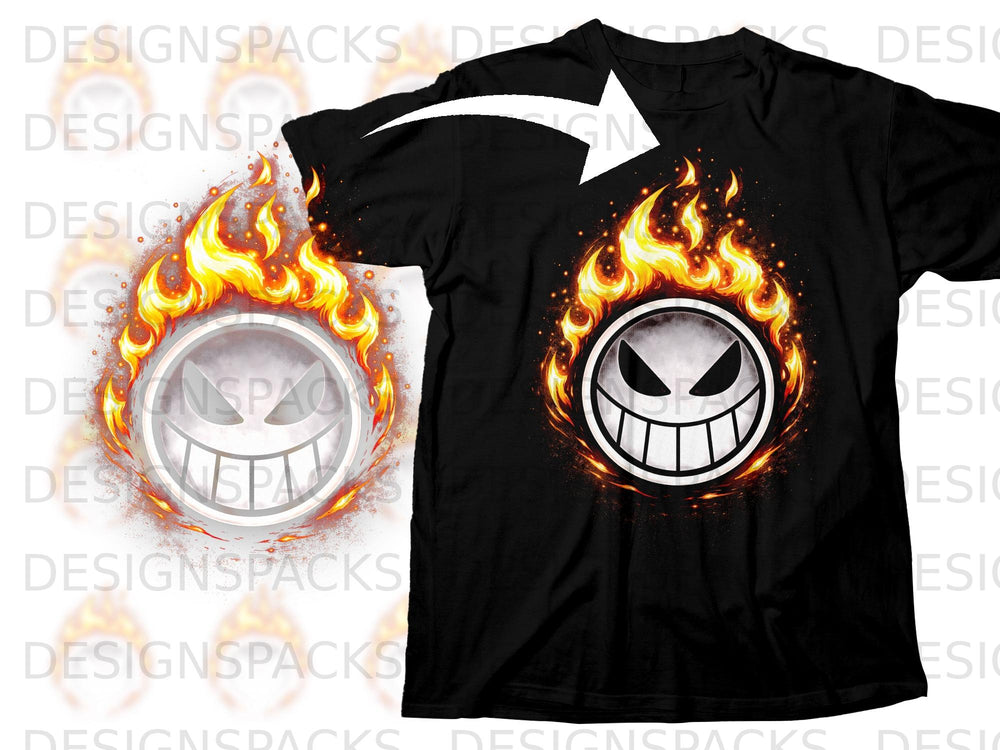 Black t-shirt with a flaming skull logo graphic on the front.
